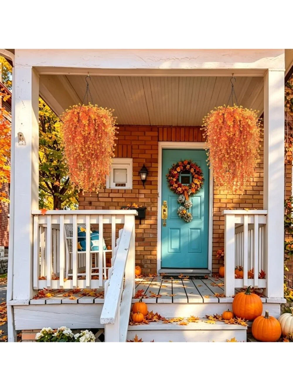 2 Set UV Resistant Fall Artificial Flower Hanging Baskets for Outdoor Decor